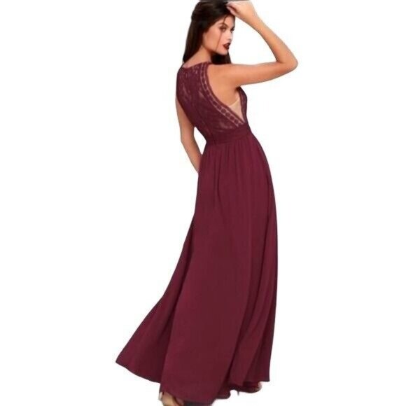 Lulu's Forever and Always Burgundy Sleeveless Halter Gown Sz L - Picture 2 of 5